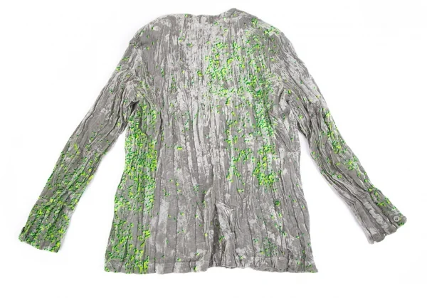 イッセイミヤケ フェットISSEY MIYAKE FETE 超音波カッティングストール付き総柄シワプリーツジャケット グレー黄緑2 K-110992_013