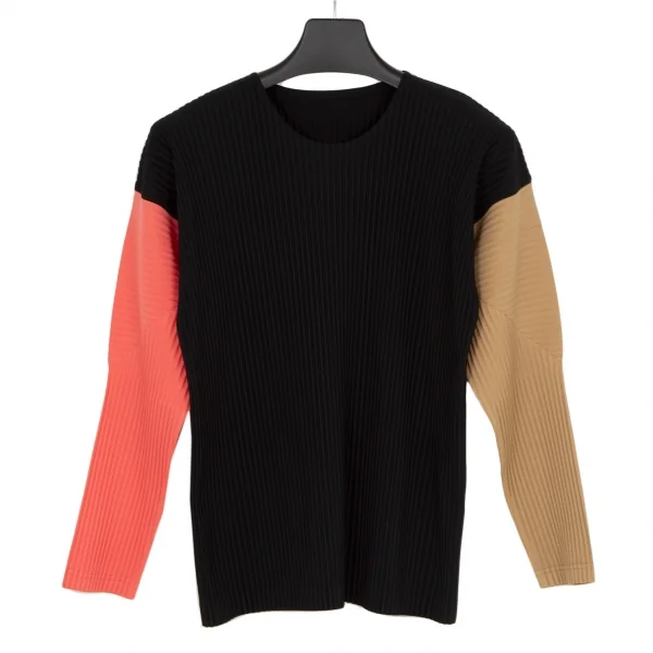 オムプリッセ イッセイ ミヤケHOMME PLISSE ISSEY MIYAKE 配色切替プリーツカットソー 黒ベージュF K-111007_001