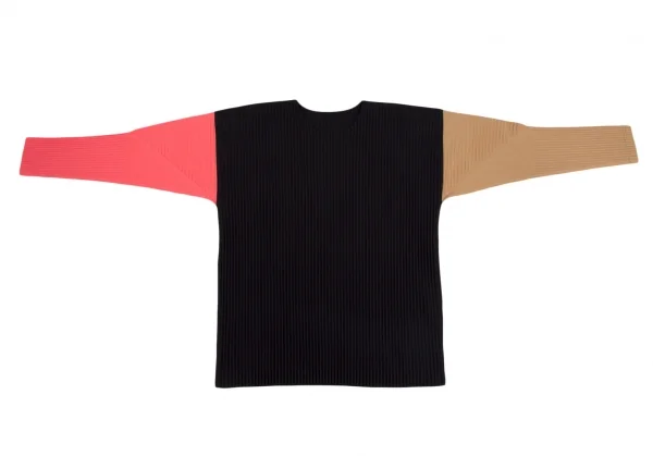 オムプリッセ イッセイ ミヤケHOMME PLISSE ISSEY MIYAKE 配色切替プリーツカットソー 黒ベージュF K-111007_002