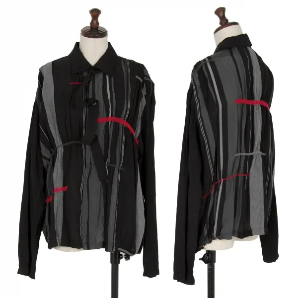 プルドゥpour deux シャーリングギャザーストライプシャツ 黒グレーM K-111046_001