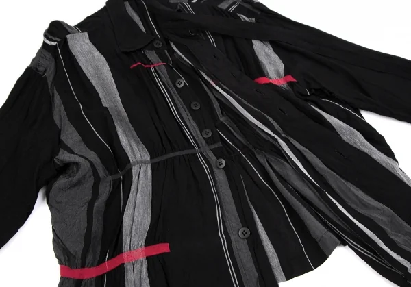 プルドゥpour deux シャーリングギャザーストライプシャツ 黒グレーM K-111046_010