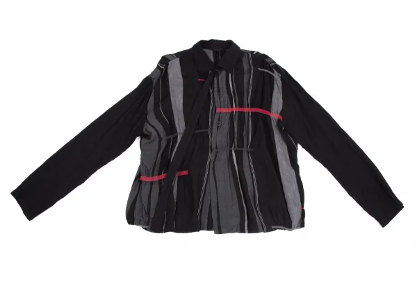 プルドゥpour deux シャーリングギャザーストライプシャツ 黒グレーM K-111046_002