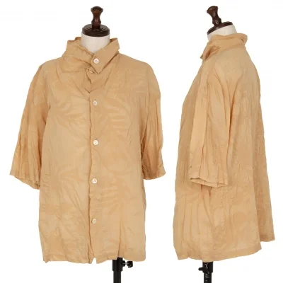 プランテーションPlantation ボタニカルリップルスタンドカラー半袖シャツ モカベージュ