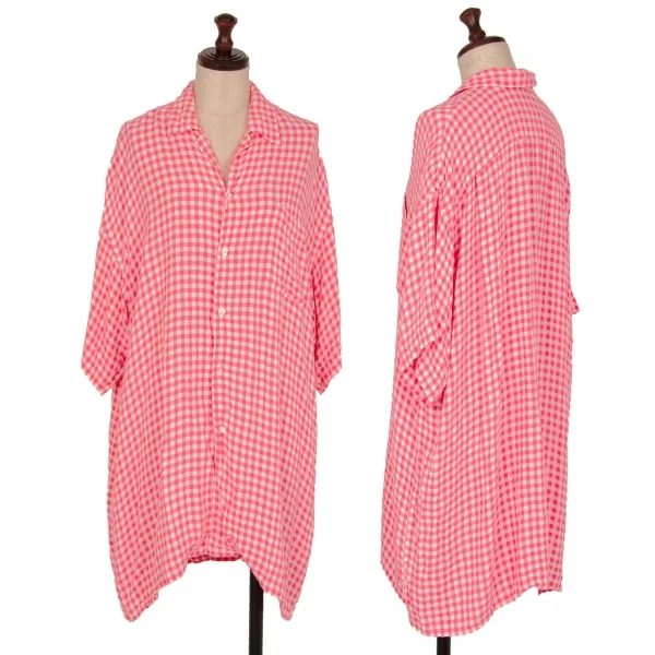 トリココムデギャルソンtricot COMME des GARCONS レーヨンギンガムチェックビッグシルエット半袖シャツ ピンク白M位 K-111070_001