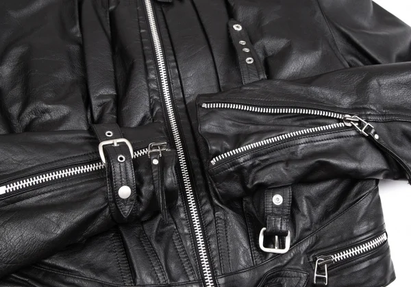 ジャンポールゴルチエ オムJean Paul GAULTIER HOMME レザープリーツライダースジャケット 黒48 K-111078_006