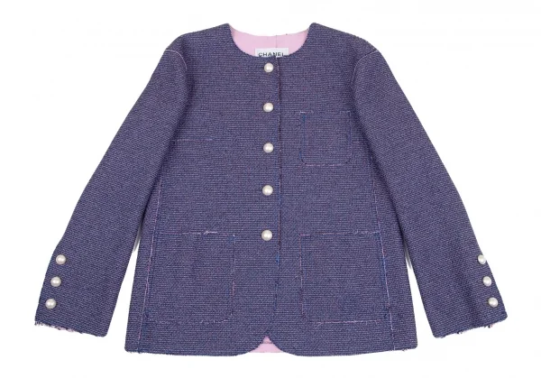 シャネルCHANEL ノーカラーツイードジャケット 青ピンク黒36 K-111120_002
