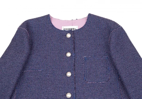 シャネルCHANEL ノーカラーツイードジャケット 青ピンク黒36 K-111120_003