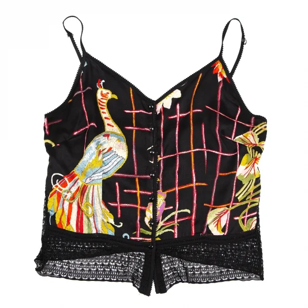 ジョンガリアーノJohn Galliano ボタニカルプリントシフォン切替レースアンサンブル 黒マルチM位 K-111136_010