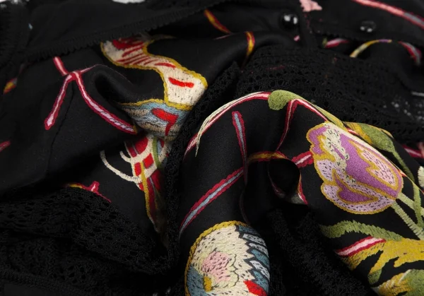 ジョンガリアーノJohn Galliano ボタニカルプリントシフォン切替レースアンサンブル 黒マルチM位 K-111136_019