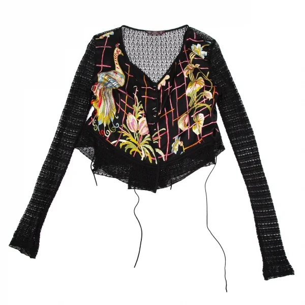 ジョンガリアーノJohn Galliano ボタニカルプリントシフォン切替レースアンサンブル 黒マルチM位 K-111136_002