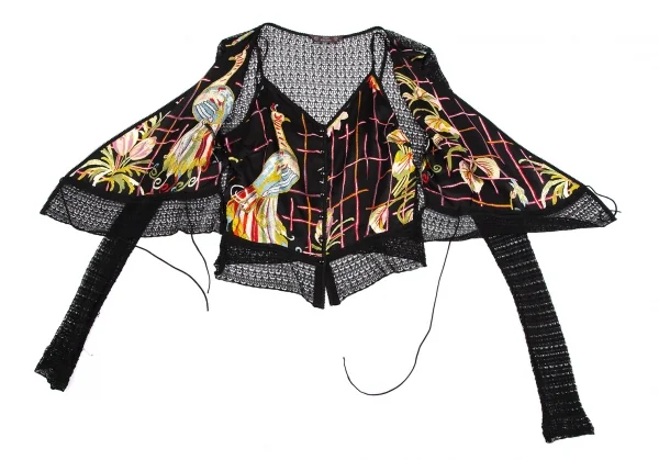 ジョンガリアーノJohn Galliano ボタニカルプリントシフォン切替レースアンサンブル 黒マルチM位 K-111136_009