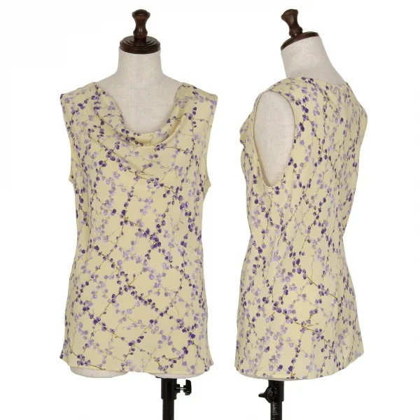 ヴァレンティノVALENTINO 花柄プリントドレープネックシルクノースリーブ 黄色青42 8 K-111137_001