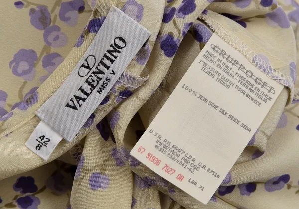 ヴァレンティノVALENTINO 花柄プリントドレープネックシルクノースリーブ 黄色青42 8 K-111137_012