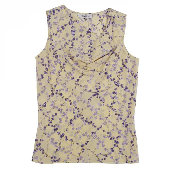 ヴァレンティノVALENTINO 花柄プリントドレープネックシルクノースリーブ 黄色青42 8 K-111137_002