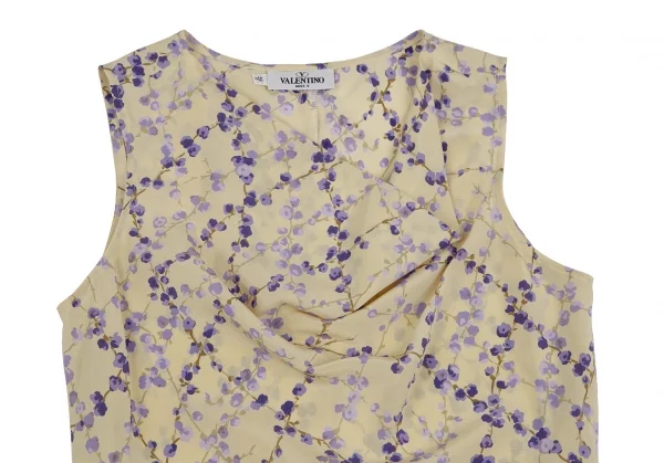ヴァレンティノVALENTINO 花柄プリントドレープネックシルクノースリーブ 黄色青42 8 K-111137_003