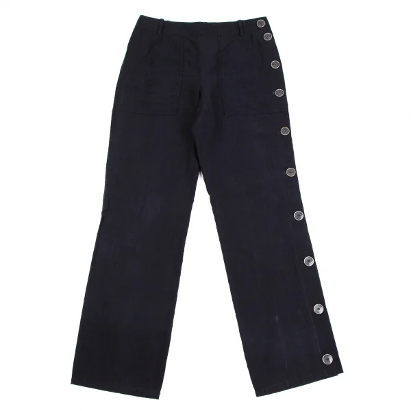 エルメスHERMES サイドボタンリネンパンツ 紺36 K-111141_001