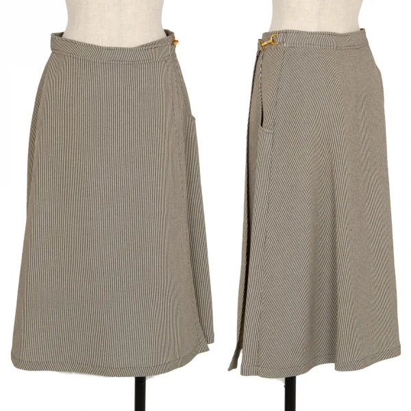 エルメスHERMES 金具デザインストライプラップスカートパンツ アイボリー黒40 K-111150_001