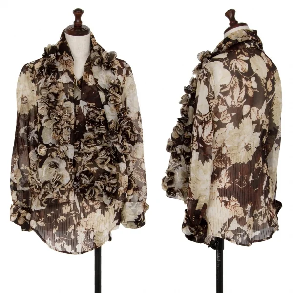 ジャンフランコフェレGIANFRANCO FERRE フローラルプリントストール装飾シースルータックプルオーバーブラウス 茶M位 K-111164_001