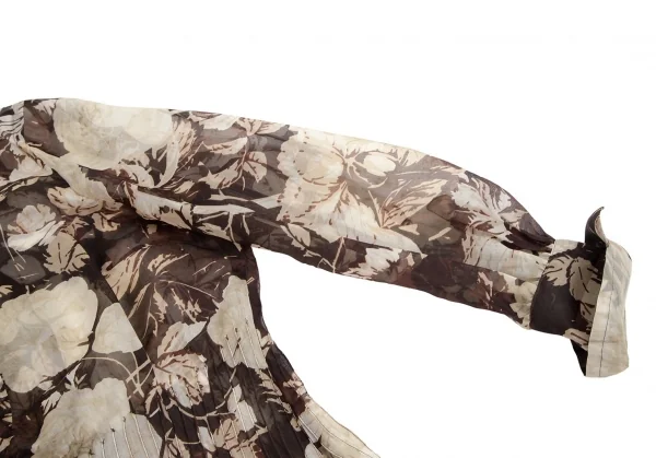 ジャンフランコフェレGIANFRANCO FERRE フローラルプリントストール装飾シースルータックプルオーバーブラウス 茶M位 K-111164_010