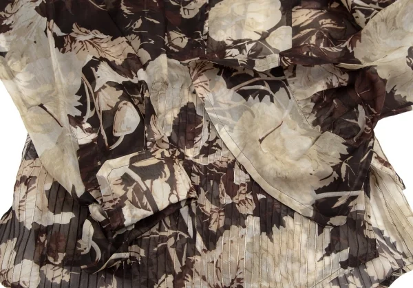 ジャンフランコフェレGIANFRANCO FERRE フローラルプリントストール装飾シースルータックプルオーバーブラウス 茶M位 K-111164_011