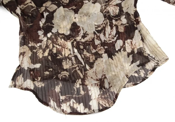 ジャンフランコフェレGIANFRANCO FERRE フローラルプリントストール装飾シースルータックプルオーバーブラウス 茶M位 K-111164_013