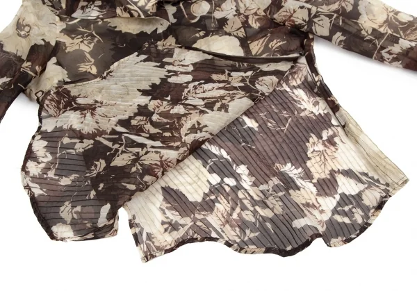 ジャンフランコフェレGIANFRANCO FERRE フローラルプリントストール装飾シースルータックプルオーバーブラウス 茶M位 K-111164_015