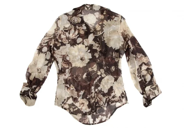 ジャンフランコフェレGIANFRANCO FERRE フローラルプリントストール装飾シースルータックプルオーバーブラウス 茶M位 K-111164_016