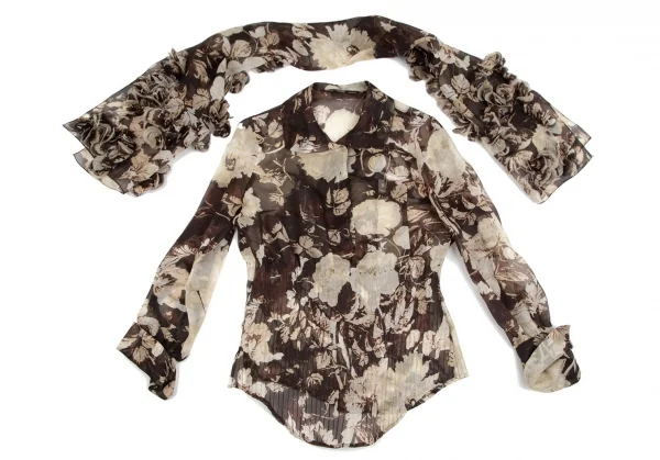 ジャンフランコフェレGIANFRANCO FERRE フローラルプリントストール装飾シースルータックプルオーバーブラウス 茶M位 K-111164_002