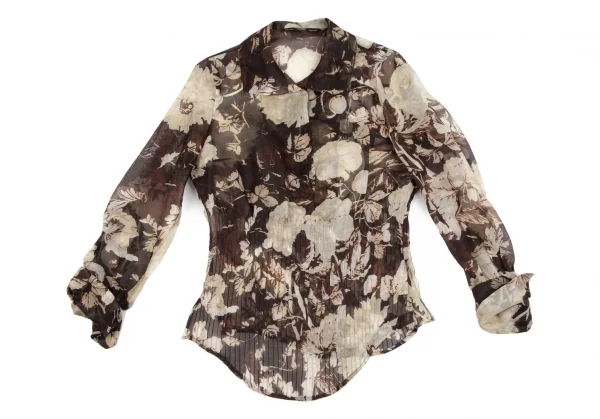 ジャンフランコフェレGIANFRANCO FERRE フローラルプリントストール装飾シースルータックプルオーバーブラウス 茶M位 K-111164_006