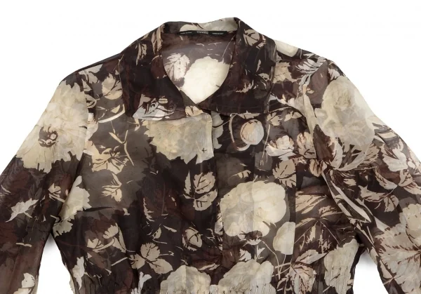 ジャンフランコフェレGIANFRANCO FERRE フローラルプリントストール装飾シースルータックプルオーバーブラウス 茶M位 K-111164_007