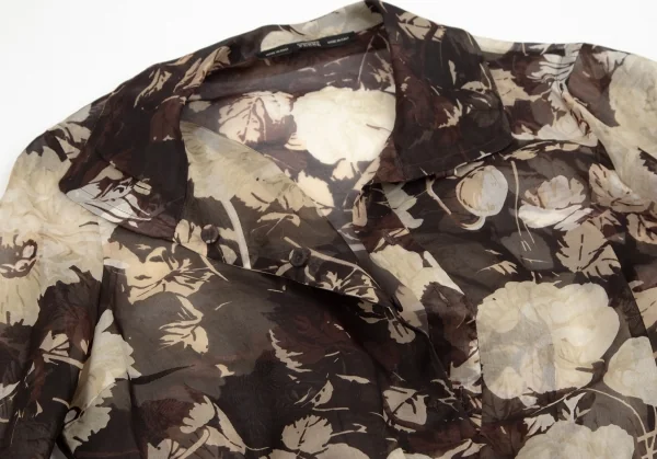 ジャンフランコフェレGIANFRANCO FERRE フローラルプリントストール装飾シースルータックプルオーバーブラウス 茶M位 K-111164_009