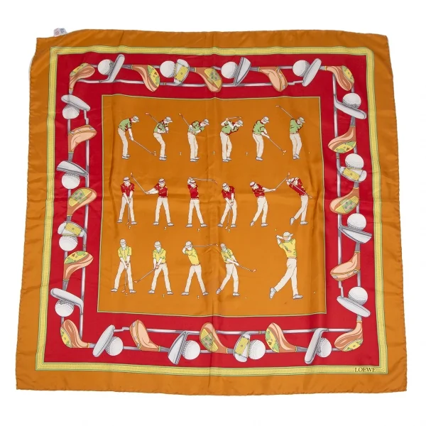 ロエべLOEWE ゴルフ総柄シルクスカーフ オレンジ赤 K-111271_001