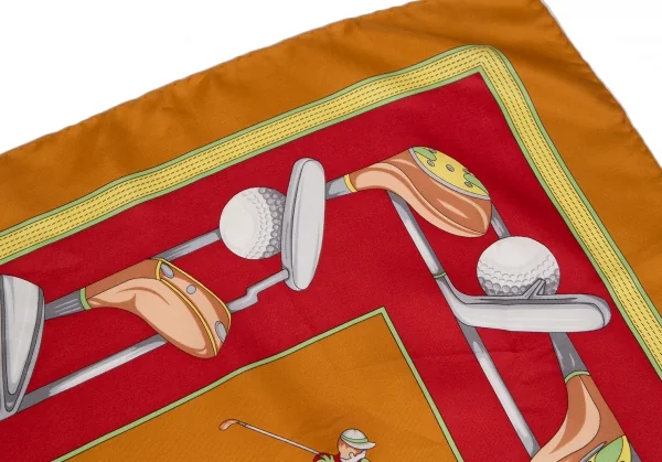 ロエべLOEWE ゴルフ総柄シルクスカーフ オレンジ赤 K-111271_003