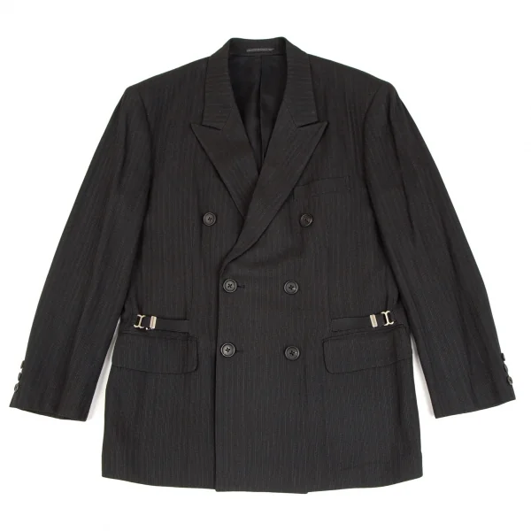 ヨウジヤマモト プールオムYohji Yamamoto POUR HOMME サスペンダー装飾ピンストライプダブルジャケット チャコールS K-111275_001
