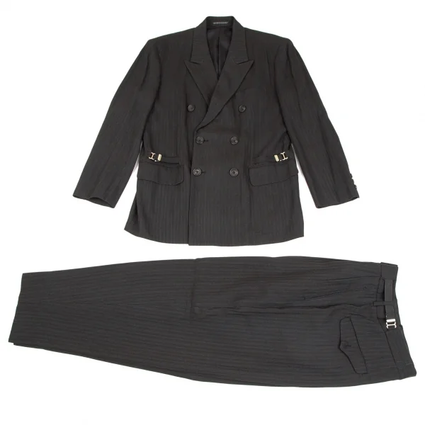 ヨウジヤマモト プールオムYohji Yamamoto POUR HOMME サスペンダー装飾ピンストライプダブルジャケット チャコールS K-111275_014