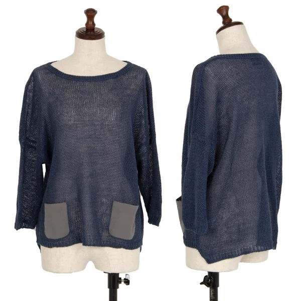 ラピスルーチェビームス LAPIS LUCE BEAMS フェイクレザーポケット切替メッシュ半袖ニットセーター 青M位 K-111348_001