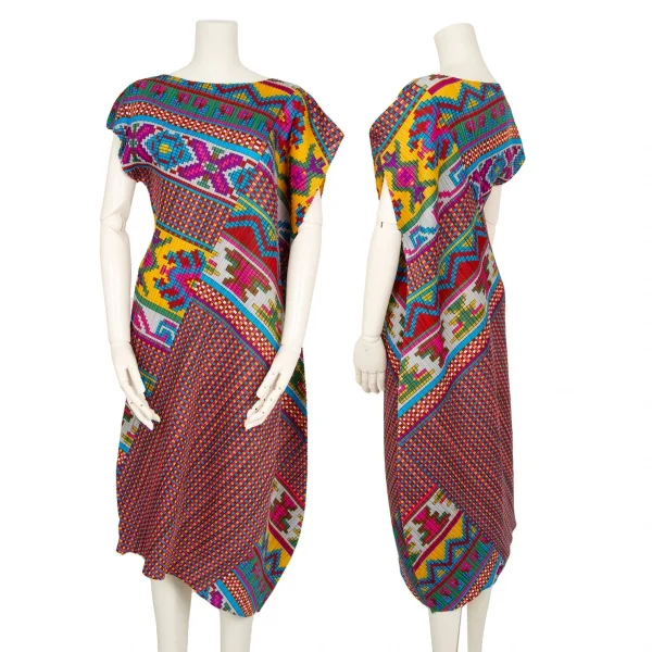 プリーツプリーズPLEATS PLEASE 斜行カラフルブロックプリントノースリーブワンピース マルチ3 K-111472_001