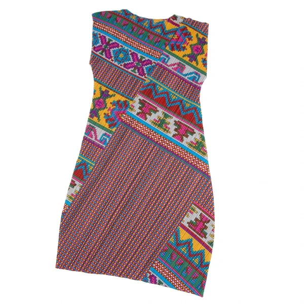 プリーツプリーズPLEATS PLEASE 斜行カラフルブロックプリントノースリーブワンピース マルチ3 K-111472_003