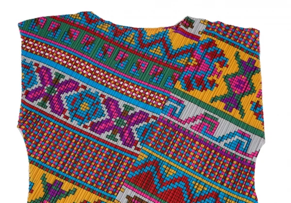 プリーツプリーズPLEATS PLEASE 斜行カラフルブロックプリントノースリーブワンピース マルチ3 K-111472_004