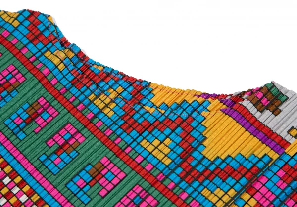 プリーツプリーズPLEATS PLEASE 斜行カラフルブロックプリントノースリーブワンピース マルチ3 K-111472_005