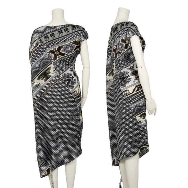 プリーツプリーズPLEATS PLEASE 斜行ブロックプリントプリーツノースリーブワンピース グレーマルチ1 K-111473_002