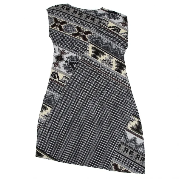 プリーツプリーズPLEATS PLEASE 斜行ブロックプリントプリーツノースリーブワンピース グレーマルチ1 K-111473_003