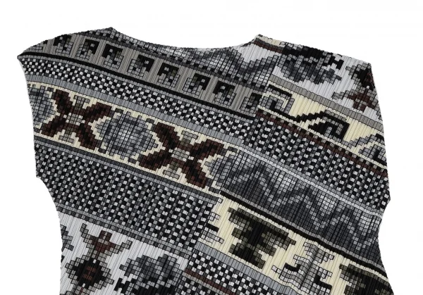 プリーツプリーズPLEATS PLEASE 斜行ブロックプリントプリーツノースリーブワンピース グレーマルチ1 K-111473_004