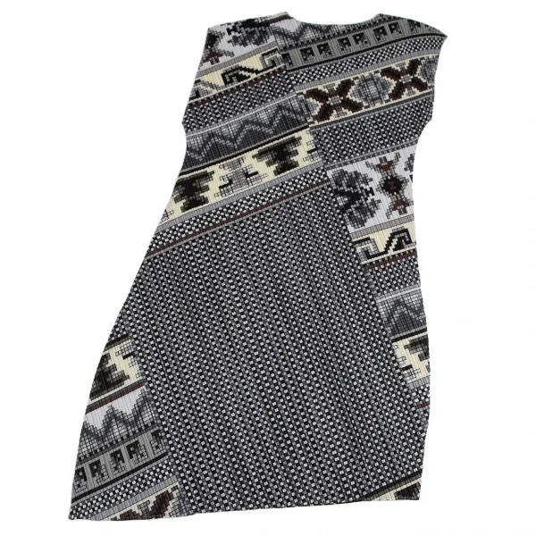 プリーツプリーズPLEATS PLEASE 斜行ブロックプリントプリーツノースリーブワンピース グレーマルチ1 K-111473_009