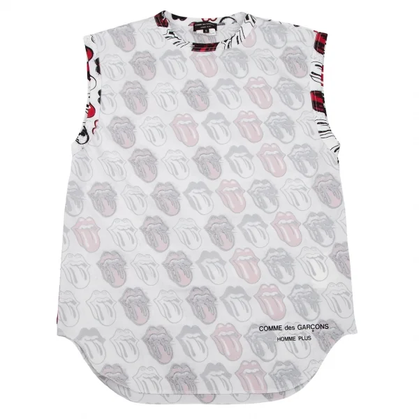 コムデギャルソン オムプリュスCOMME des GARCONS HOMME PLUS ローリングストーンズ リップアンドタン総柄プリントインサイドアウトノースリーブ 白M K-111521_001