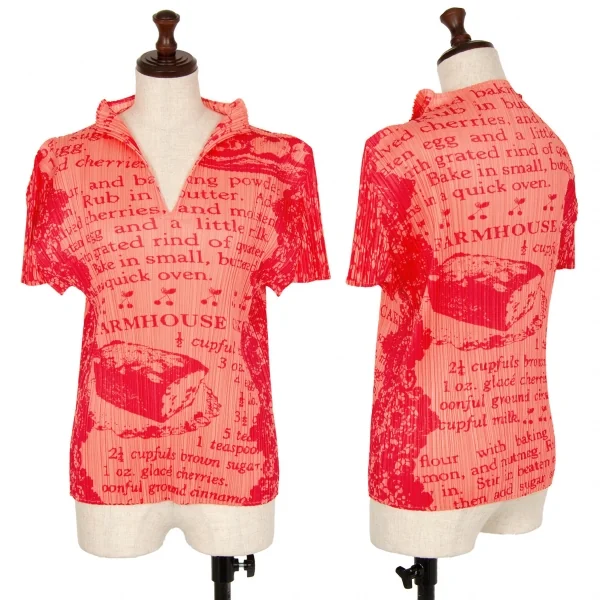 プリーツプリーズPLEATS PLEASE ケーキレシピプリントプリーツ半袖スキッパーシャツ ピンク3 K-111540_001