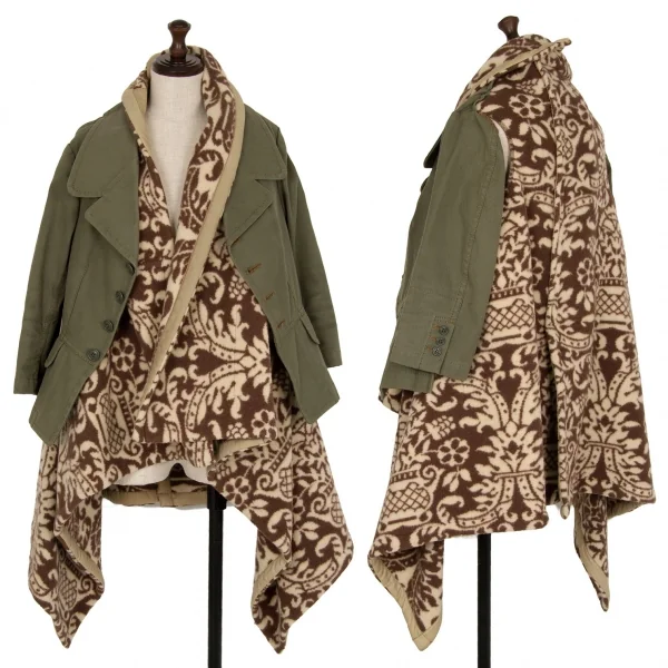 コムデギャルソンCOMME des GARCONS ダマスク柄フリースニット切替ショートジャケットドッキングコート カーキ茶S K-111571_001
