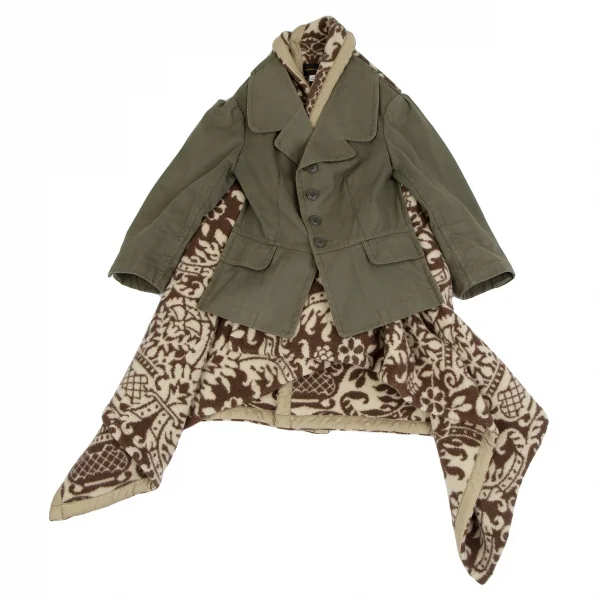 コムデギャルソンCOMME des GARCONS ダマスク柄フリースニット切替ショートジャケットドッキングコート カーキ茶S K-111571_002