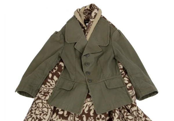 コムデギャルソンCOMME des GARCONS ダマスク柄フリースニット切替ショートジャケットドッキングコート カーキ茶S K-111571_003