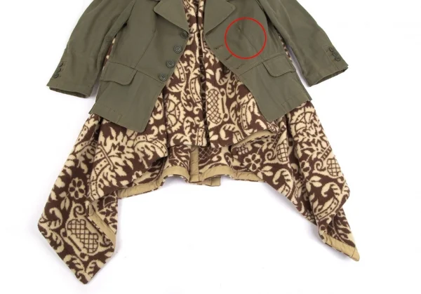 コムデギャルソンCOMME des GARCONS ダマスク柄フリースニット切替ショートジャケットドッキングコート カーキ茶S K-111571_008